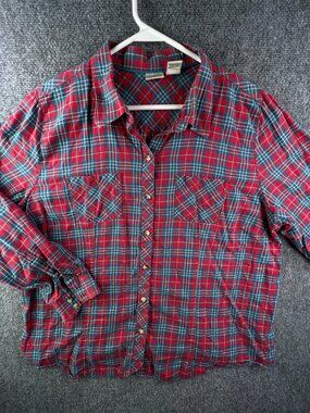 LL Bean Button Up Shirt Women Red Blue Plaid Plus 1X EXT Long Sleeve Cotton